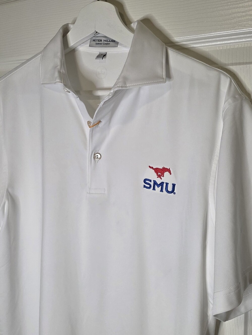 NWT Peter Millar SMU Mustangs Mens Small  White Summer Comfort Polo
